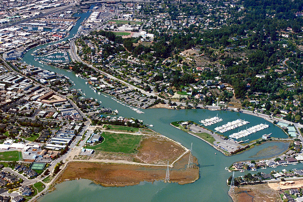 Aerial view of the Canal District in San Rafael, CA. 