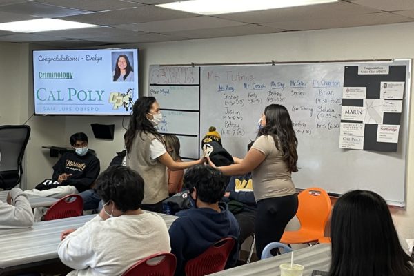 Students in a classroom; College Signing Day message on the projector