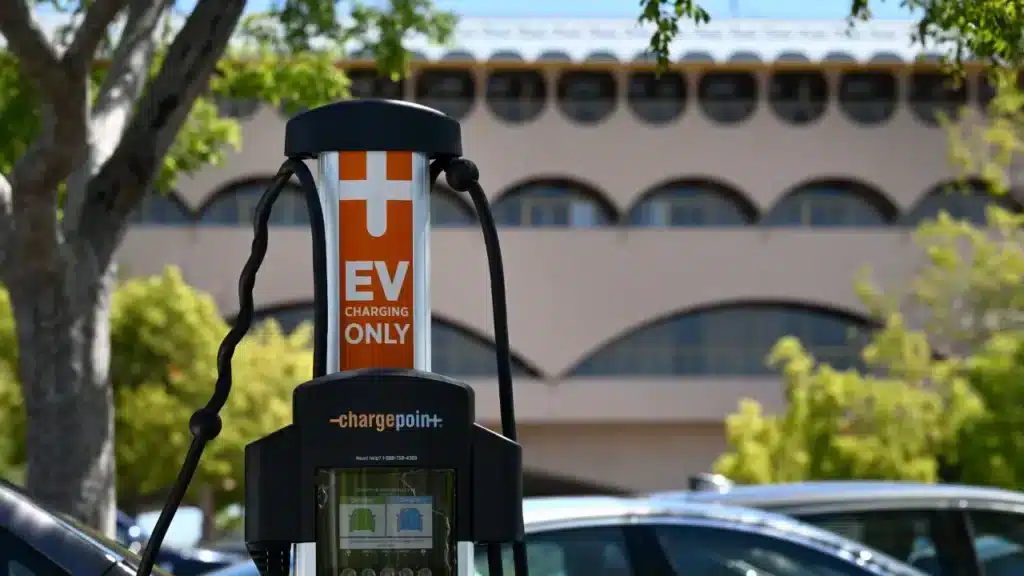 An electric vehicle charging station stands in the parking lot of the Marin County Civic Center in San Rafael on Tuesday, May 16, 2023. (Alan Dep/Marin Independent Journal)